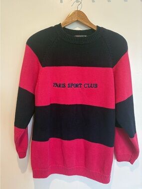 Women’s Medium Paris Sport Club Navy & Bright Pink Striped Crew Neck Sweater